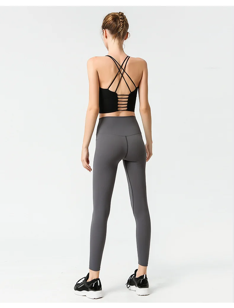 New nude yoga pants Female solid-color tight elastic show thin hip-to-hip pants quick-dry running fitness pants