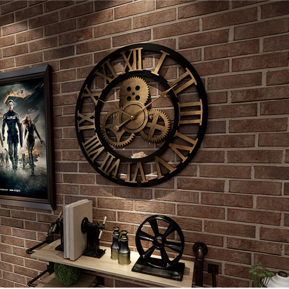 Handmade Oversized 3D retro rustic decorative luxury art big gear wooden vintage large wall clock on the wall Stereoscopic