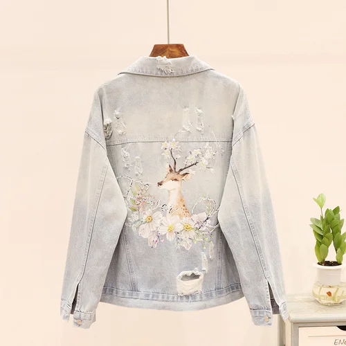 light blue Neploe/Осенняя новая тяжелая Рабочая джинсовая куртка с принтом и бусинами, Свободное пальто с дырками Abrigo Mujer, элегантное студенческое пальто 45951 - Цвет: light blue