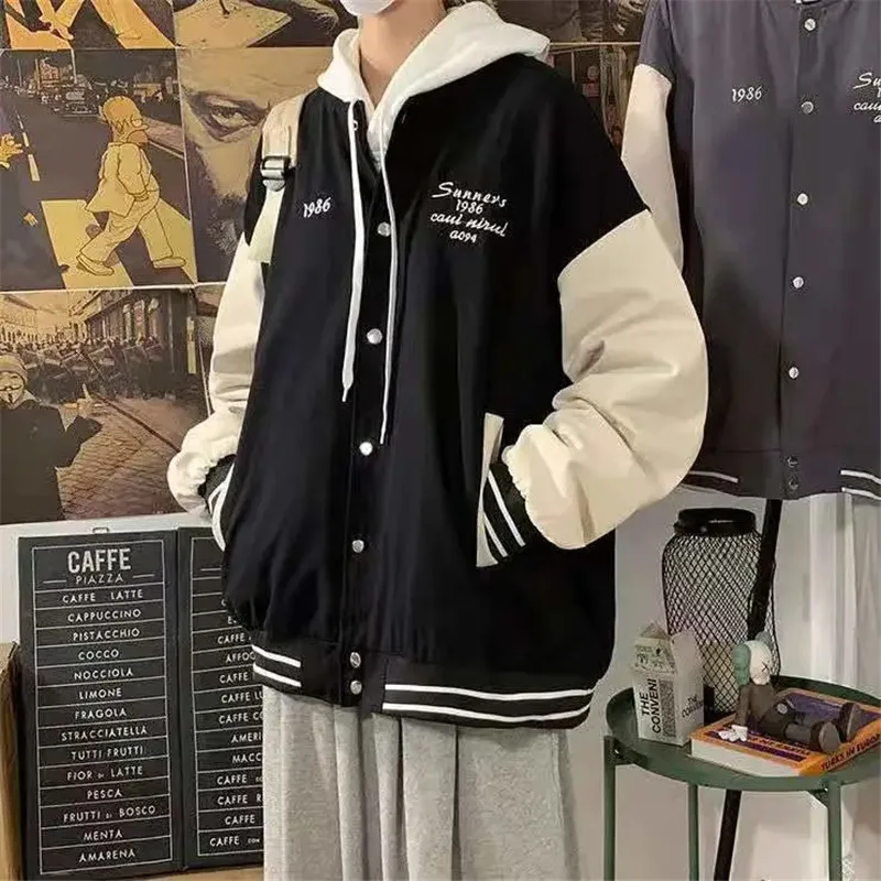 Jaqueta bomber remendos de namorado masculino e feminino, fina, extragrande, casacos casuais, solta, manga longa, jaqueta de beisebol vintage, primavera