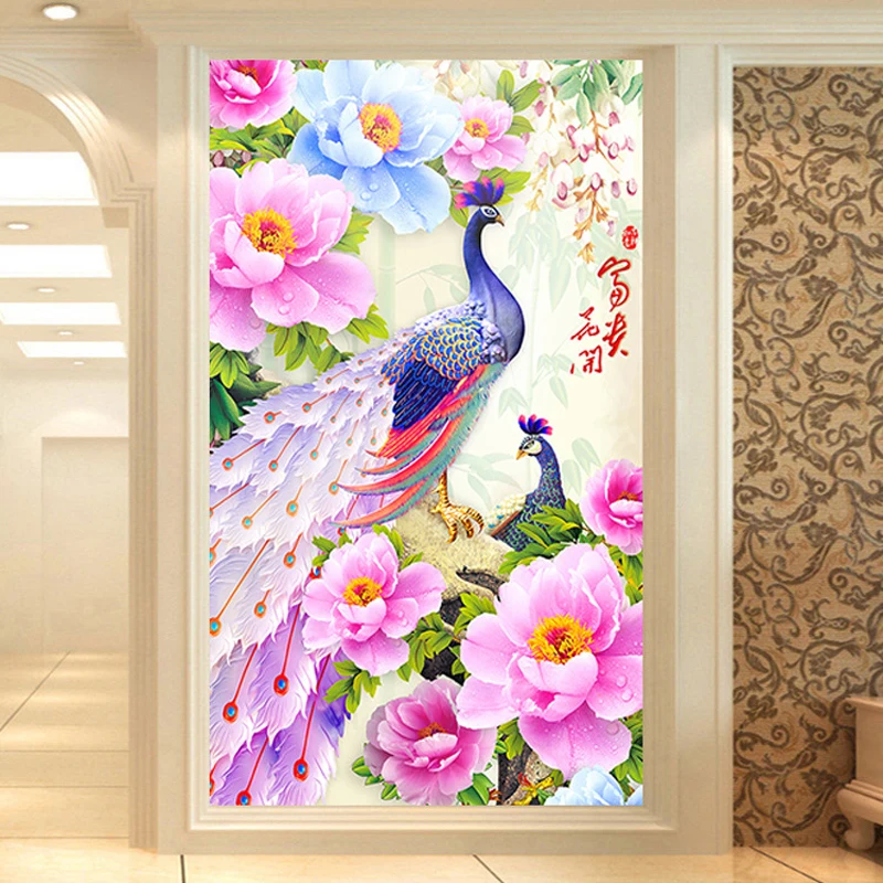 QIANZEHUI-DIY-Diamond-Embroidery-Round-Diamond-Blossoming-rich-peacock-Full-embroider-Diamond-painting-cross-stitch-needlework