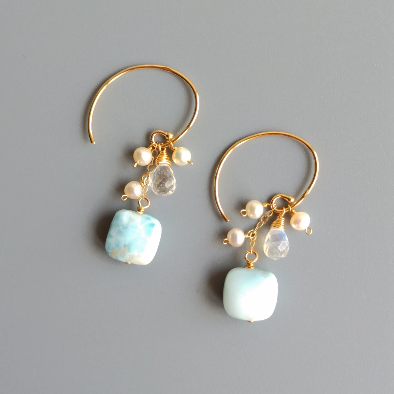 Lii Ji, натуральный квадратный лунный камень Larimar, Висячие бусины из пресноводного жемчуга, 925 пробы, серебро, 18 К, позолоченные серьги-капли ручной работы