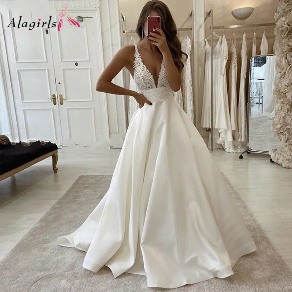 

Alagirls Simple Wedding Dress 2020 Satin V-Neck Backless Court Train Wedding Dresses Plus Size Bridal Gowns vestido de noiva