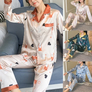 

Summer Ladies Pajamas Set Print Long Sleeve Top Trousers Pajamas Fashion Loose Large Size Two-piece Homewear Korea Pajamas Silk