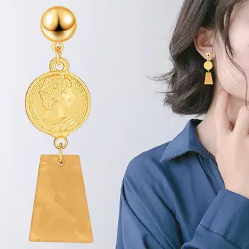 

Women Vintage Asymmetric Geometric Coin Circle Pendant Alloy Earrings Party Jewelry