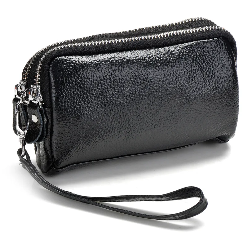 NIGEDU/женский кошелек из натуральной кожи, портмоне из телячьей кожи, 2 слоя, кошельки на молнии, большая емкость, Дамский клатч, сумка для мобильного телефона, маленькая - Цвет: Черный