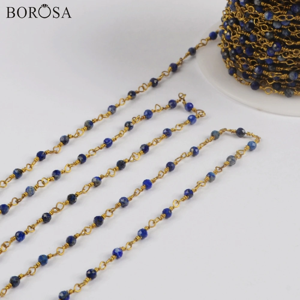 

BOROSA 3/5Meters Small 2mm Natural Lapis Lazuli Beads Faceted Brass Chains Natural Stone Beads Chains for Jewelry Making JT252
