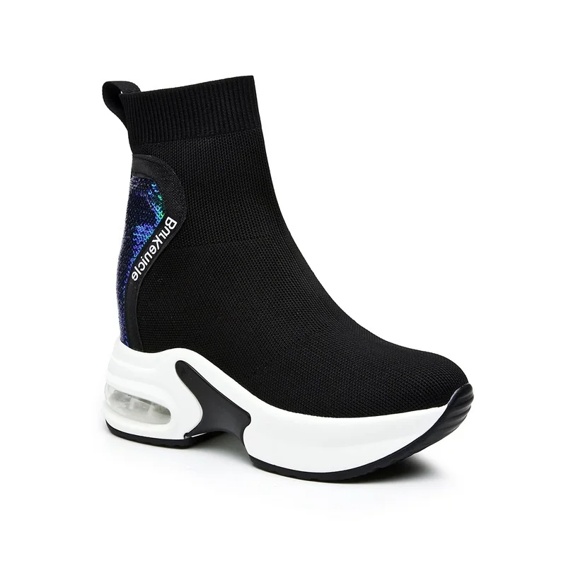 

Bling Sequins Black Sock Boots Women Platform High Heels Sneaker Stretch Fabric Winter Shoes Woman Warm Plush Ankle Boots Botas