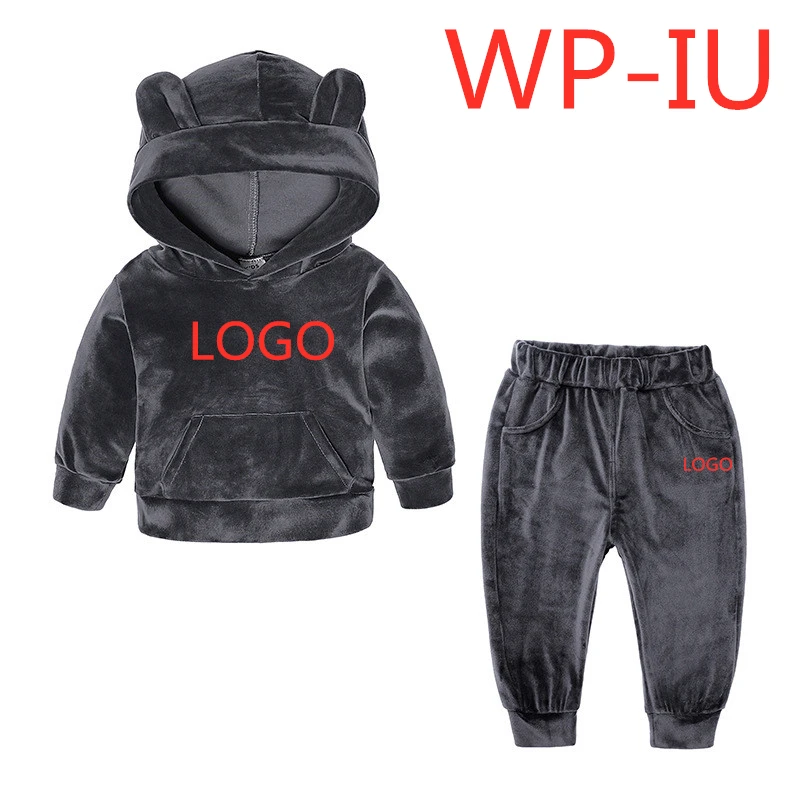 WP-IU г. Комплекты детской одежды осенне-зимняя одежда для маленьких мальчиков и девочек флисовый Теплый Бархатный спортивный костюм из 2 предметов одежда для детей - Цвет: Dark Grey