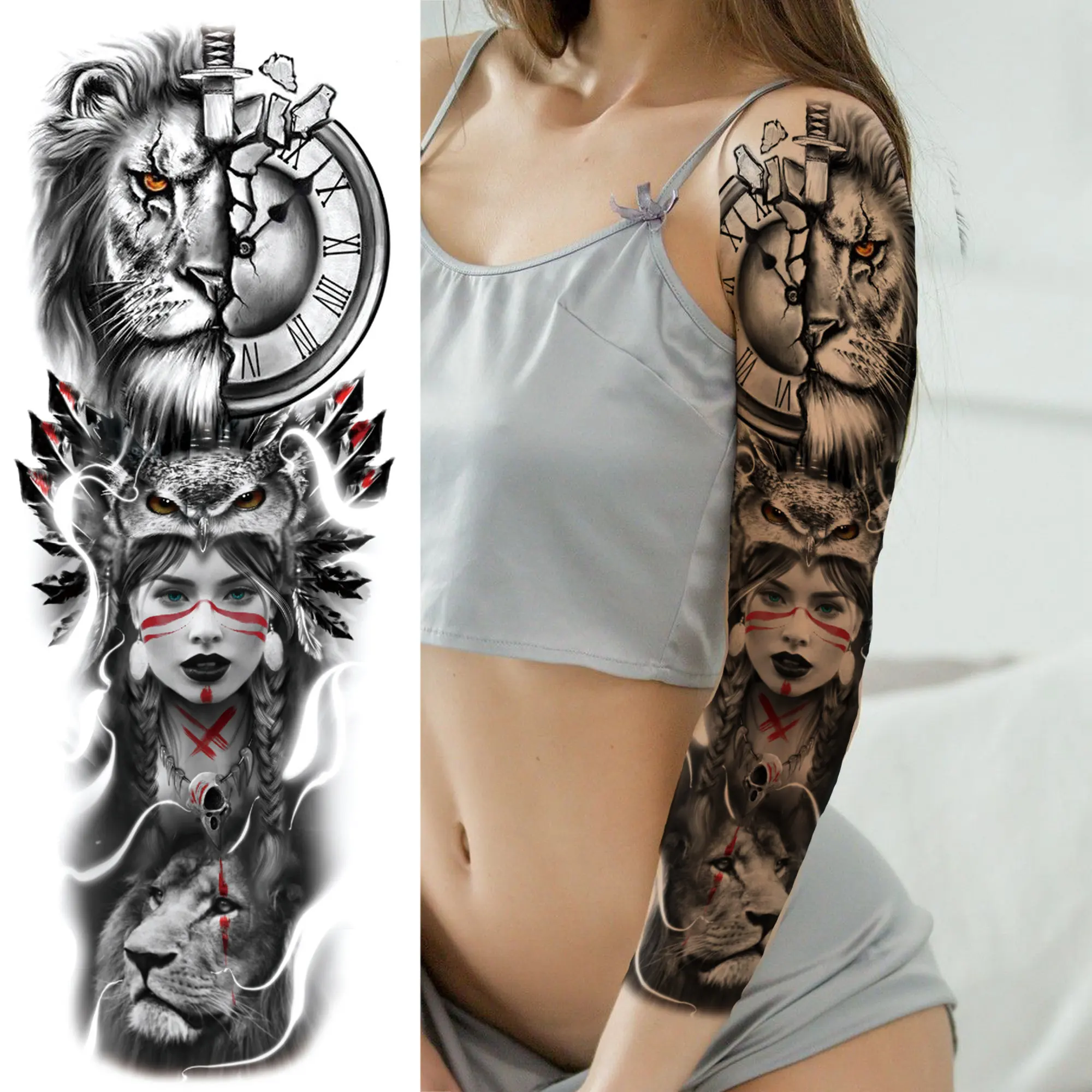 Black Forest Wolf Temporary Tattoos Sleeve For Men Women Fake Soldier Compass Eye Tattoo Sticker Full Arm Washable Tatoos Sets