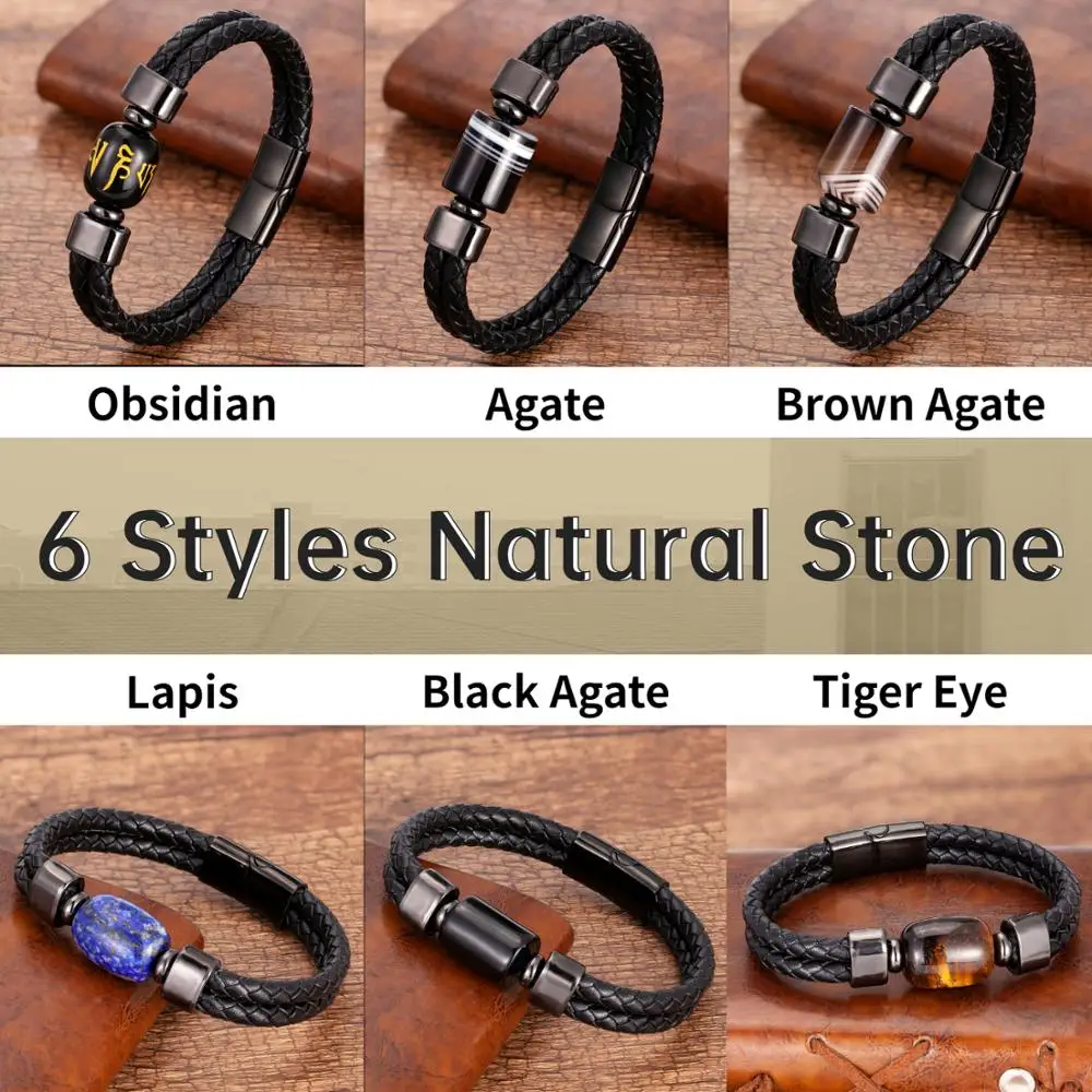 Charm Stone Bead Genuine Leather Bracelets For Men 2020 Fashion Stainless Steel Clasp Multilayer Rope Bracelet Male Jewelry Gift - Image 4