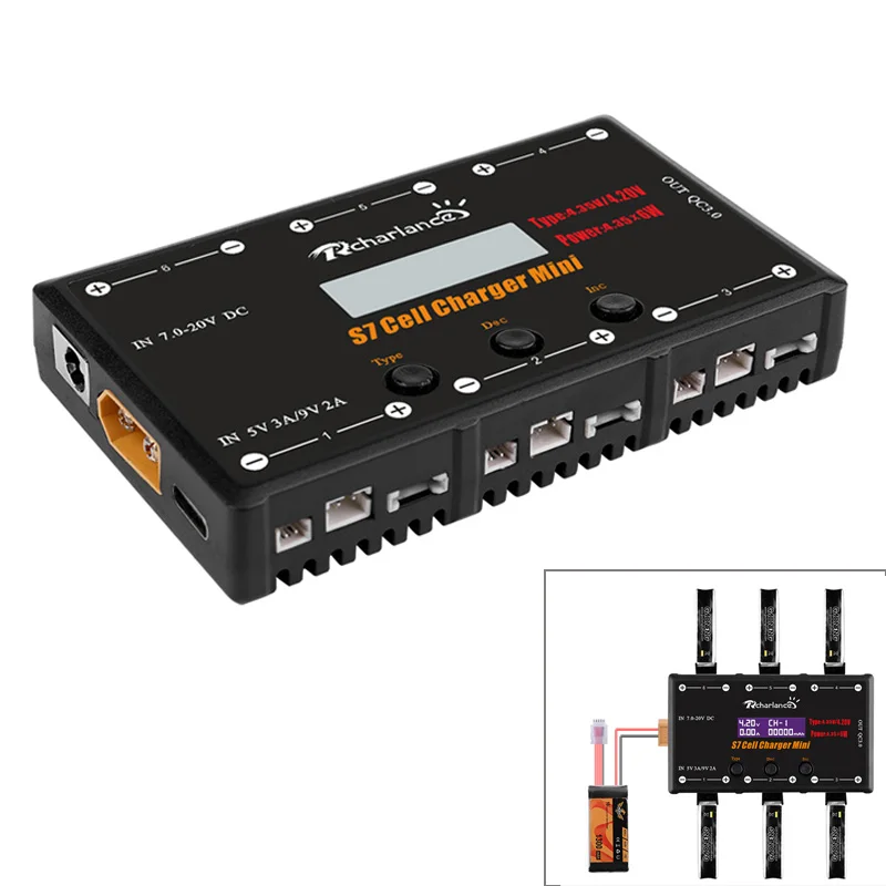 S7 1S зарядное устройство 6 каналов 6x4 35 Вт LiPO LiHV с USB Micro MCX mCPX MOLEX красочный экран для