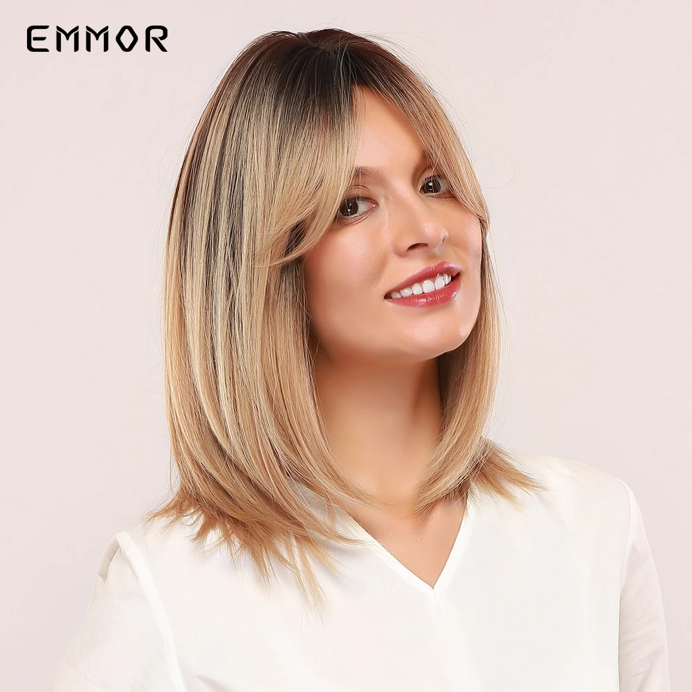 Emmor ombro ombre marrom para loira perucas de cabelo reto com franja perucas sintéticas para mulher fibra resistente ao calor diário