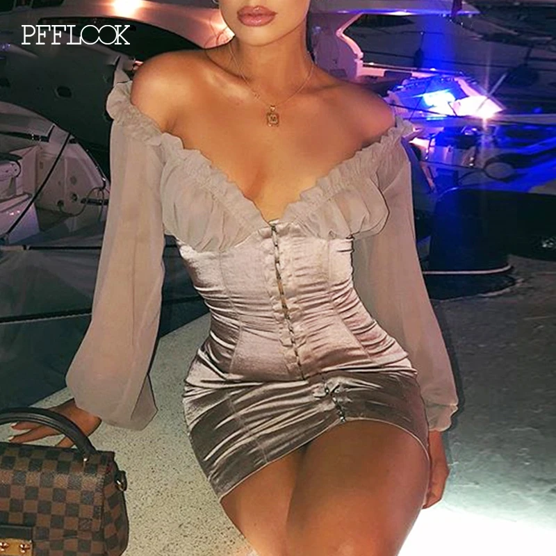 Шифоновое платье в стиле ампир PFFLOOK женское облегающее мини с открытыми плечами