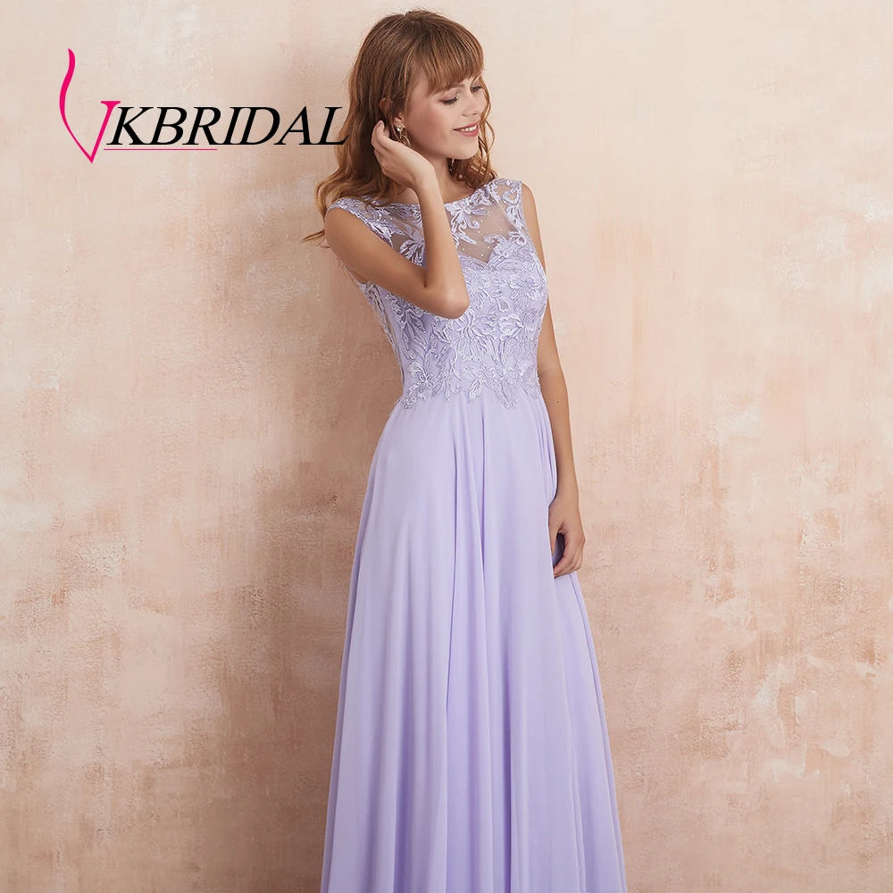 VKbridal Tank Top Illusion neck Chiffon Prom Wedding Party Gowns with Crystal Backless A-Line Lace Bridesmaid Dresses Long