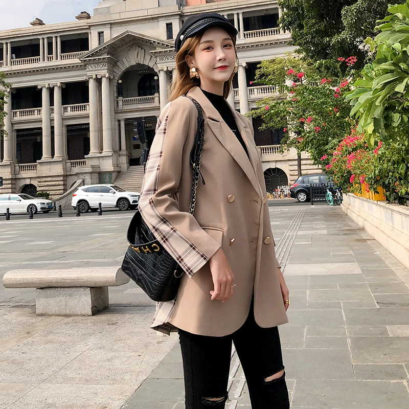 Blaser Femininas Ретро клетчатый двубортный Женский блейзер офисный женский пиджак Женский Повседневный свободный костюм пальто женская верхняя одежда