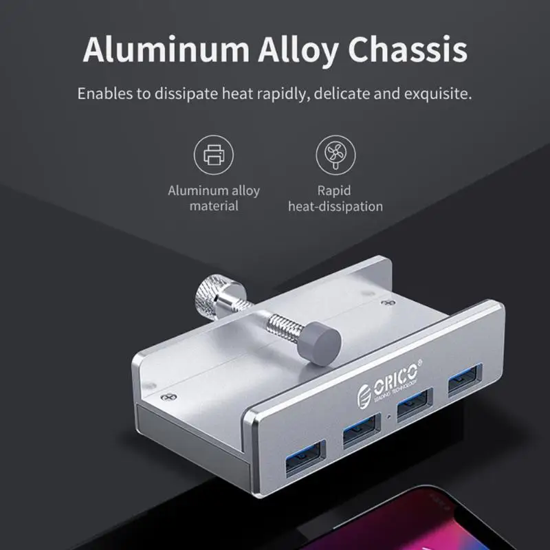 4-Port USB 3.0 Hubs with Android Power Port Adapter Aluminum Alloy Converter Chassis Back Clip Splitter Computer Peripherals