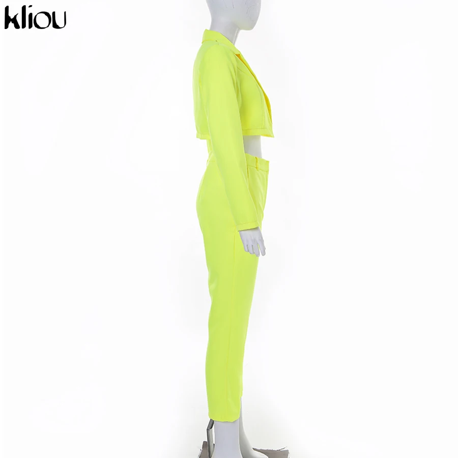 Kliou неоновый комплект из двух предметов, короткое пальто+ штаны, наряды(ремень, раздельная распродажа), осенние женские модные брюки, спортивный костюм, уличная одежда
