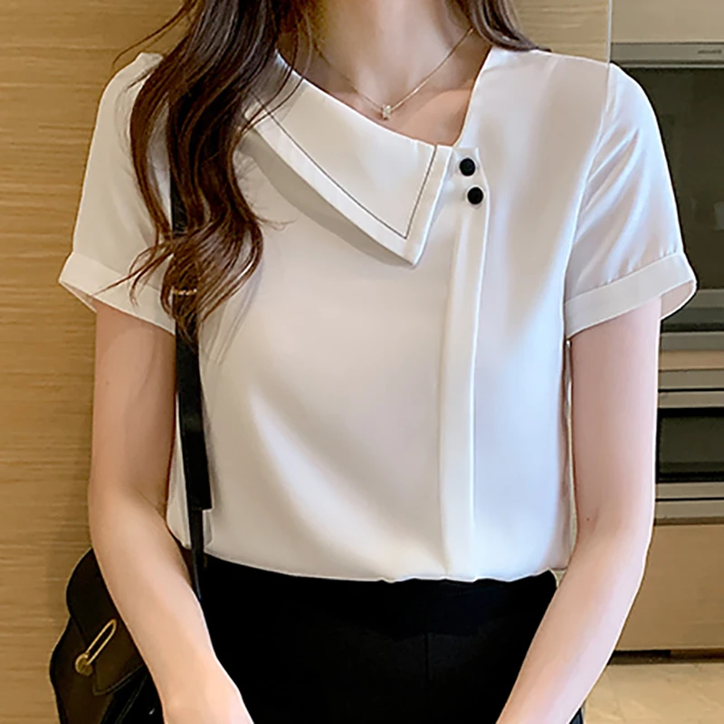 PIKADINGNIS New Womens Tops Fashion Women Summer Chiffon Blouse Short  Sleeve Casual Shirt White Ropa Mujer Blusas Feminino 