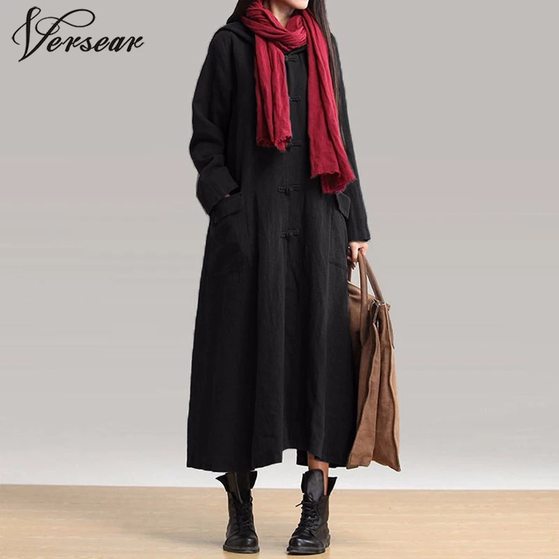 

Versear Autumn Winter Jacket Women Vintage Cotton Long Hooded Coats Casual Loose Solid Pockets Outwear Jackets Plus Size S-5XL