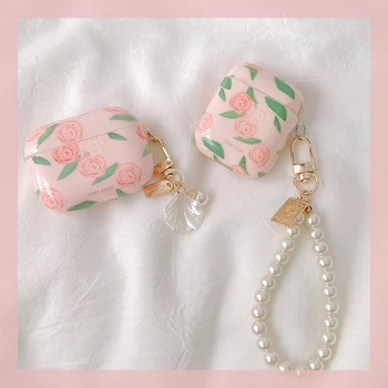 

Cute Pink Rose Flower Pattern Silicone Earphone Cases For AirPods Headset Box For AirPods Pro 3 Cover With Pearl Shell Key Ring