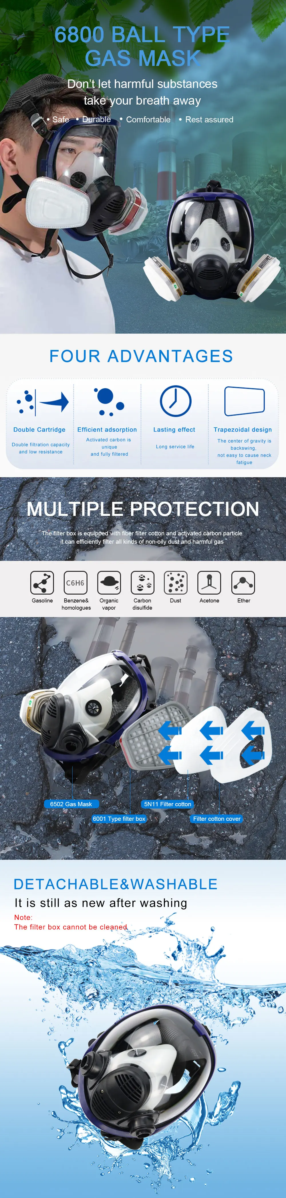 Máscara protección gas químico a prueba de polvo, respirador antivaho, filtro facial completo 6800/6001, pesticida de pintura en aerosol de soldadura 6002/6004