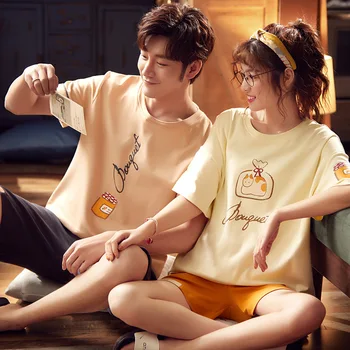 

2020 couple pajama set summer femme male cotton short sleeve sleepwear man and woman stich pajamas casual lover home wear