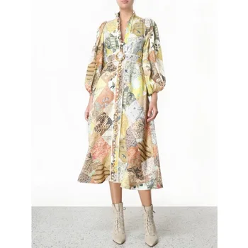 

Big brand heavy craft single-breasted retro printing women's loose satin long dress 2020 ladies autumn long-sleeved swing dress