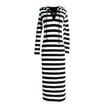 

Uumaysari Boutique spring and autumn fashion long-sleeved casual striped mosaic dress ladies slim hooded V-neck striped dress