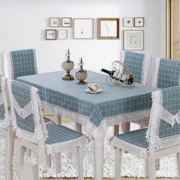 

2/8/13pcs Nordic Style Blue Plaid Tablecloth Set Outdoor Picnic Lace Table Cloth Pastoral Seat Covers Seat Cushion Table Cover