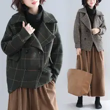 Женское клетчатое пальто с заниженным плечом осень-зима с отложным воротником Свободная верхняя одежда повседневная двубортная шерстяные