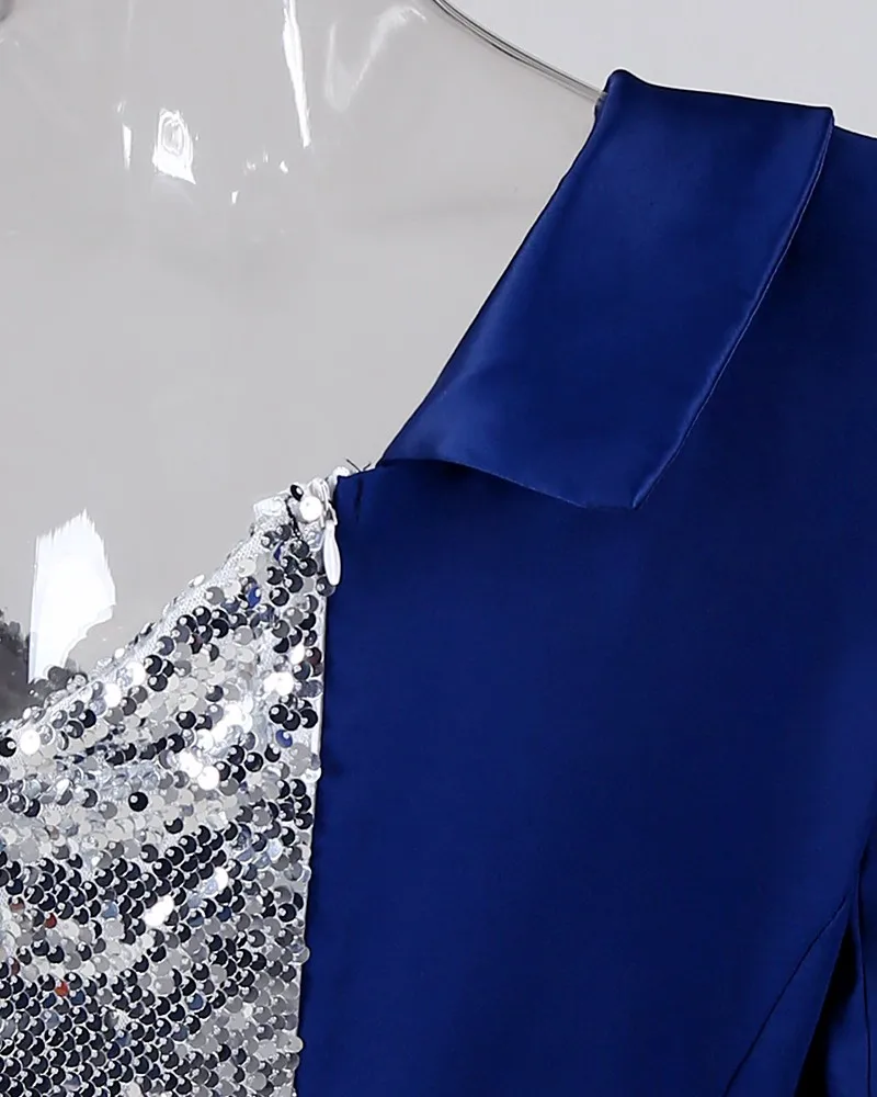 Asymetrical One Shoulder Sequined Dress Women Long Sleeve Mini Party Dresses Ladies Colorblock Patchwork Formal Dress