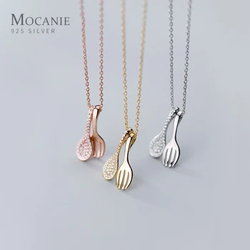

Mocanie Fashion 925 Sterling Silver 3 Color Shiny CZ Spoon Fork Pendant Necklace for Women Tableware Pendant Creativity Jewelry