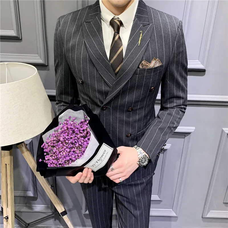 

Spring Suit Men Three-piece Set Korean-style Slim Fit Groom Marriage Formal Dress Striped Suit British Style