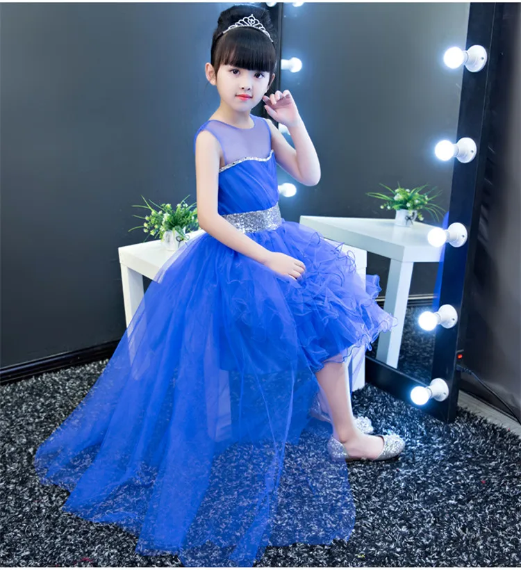 

Elegant Long Trailing Lace First Communion Dress Beads Blue Tulle Girl Evening Pageant Gown Flower Girl Dresses for Wedding