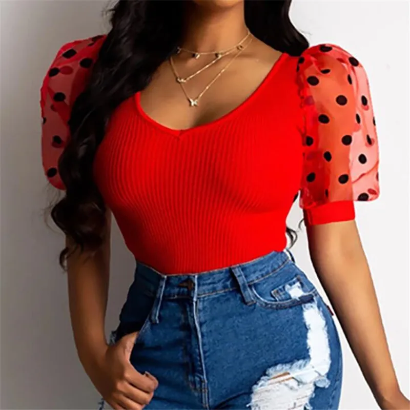 Women Sheer Mesh Puff Sleeve Blouse Shirts Women Summer Blusas Female Pullovers Elegant New See Through Tops Ribbed Shirt /BY