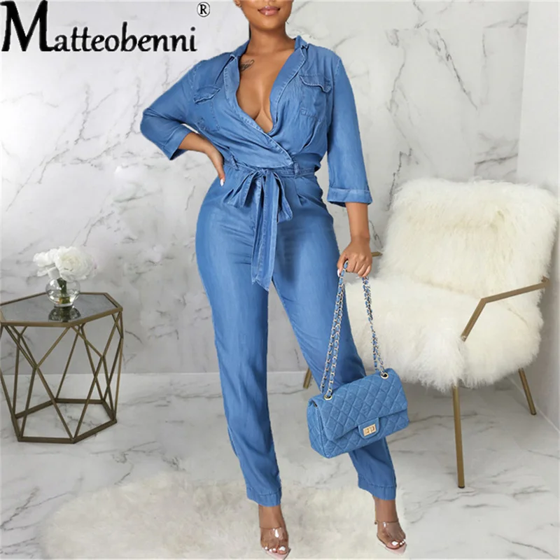 2021 Womens Autumn Denim Jumpsuit Long-Sleeved Trousers Fashion Trend Slim With Belt Casual Ladies Denim Rompers Street Rompers