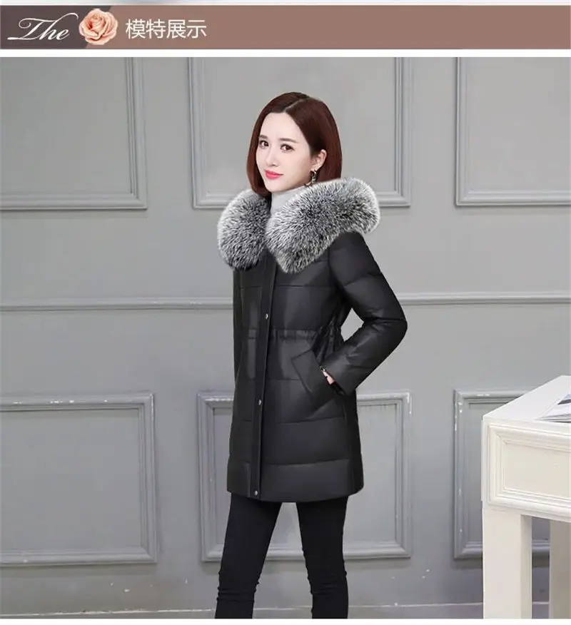 Hooded Leather Fur Jacket Women\'s Mid-Length Winter New PU Leather Down Cotton Coat Slim Parkas Mujer Abrigos M308