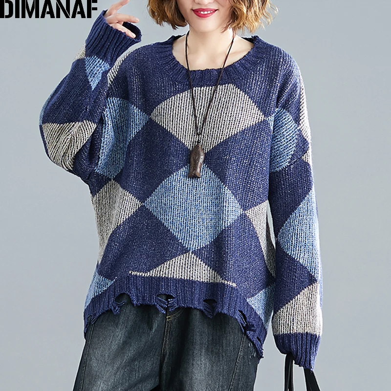 DIMANAF, Осень-зима, плюс размер, женский свитер, вязаный пуловер, женские топы, пэчворк, плед, длинный рукав, модный, Повседневный, с кисточками