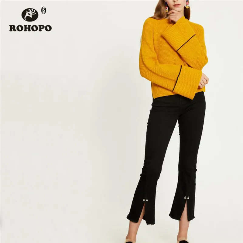 

ROHOPO Round Collar Wide Long Sleeve Ruched Cuff Yellow Sweater Back Tow Waistband Ladies Loose Solid Side Knitted Outwear #346