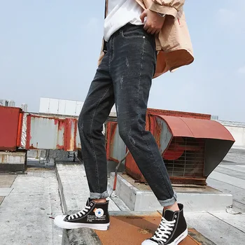 

2019 New Tangqiu Men's Cowboy Trousers Male Slim Elastic Force Black Loose Feet Jeans