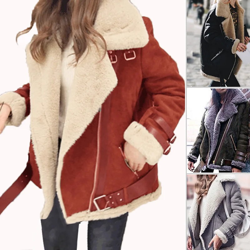 Новинка, пальто из оленьей овечьей кожи с длинным рукавом, Женское пальто из искусственного меха, хлопковое пальто с отворотом, большой размер, для женщин, Осень-зима