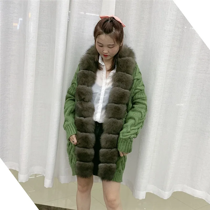 

Real Fox Fur Knit Cardigan Ladies Long -Sleeved Sweater Fashipn Jacket Ladies New Autumn And Winter Casual Tops One Size