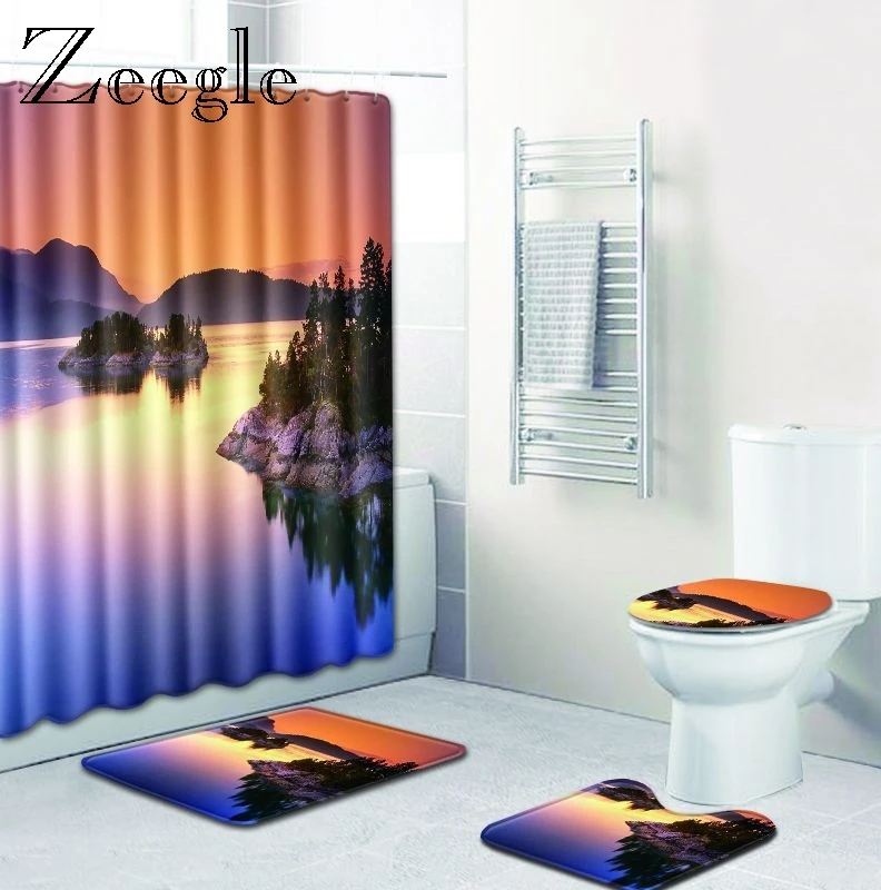 Zeegle 3d Pattern Toilet Rug Set Bath Washable Floor Mat Shower Curtain Pedestal Seat Cover Bathroom Soft Foot | Дом и сад