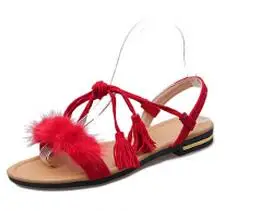 COOTELILI/сандалии-гладиаторы с ремешками на лодыжках на натуральном меху; женская обувь на плоской подошве; коллекция года; Летняя обувь с кисточками; женские свадебные пляжные сандалии в богемном стиле; 42 - Цвет: real fur red
