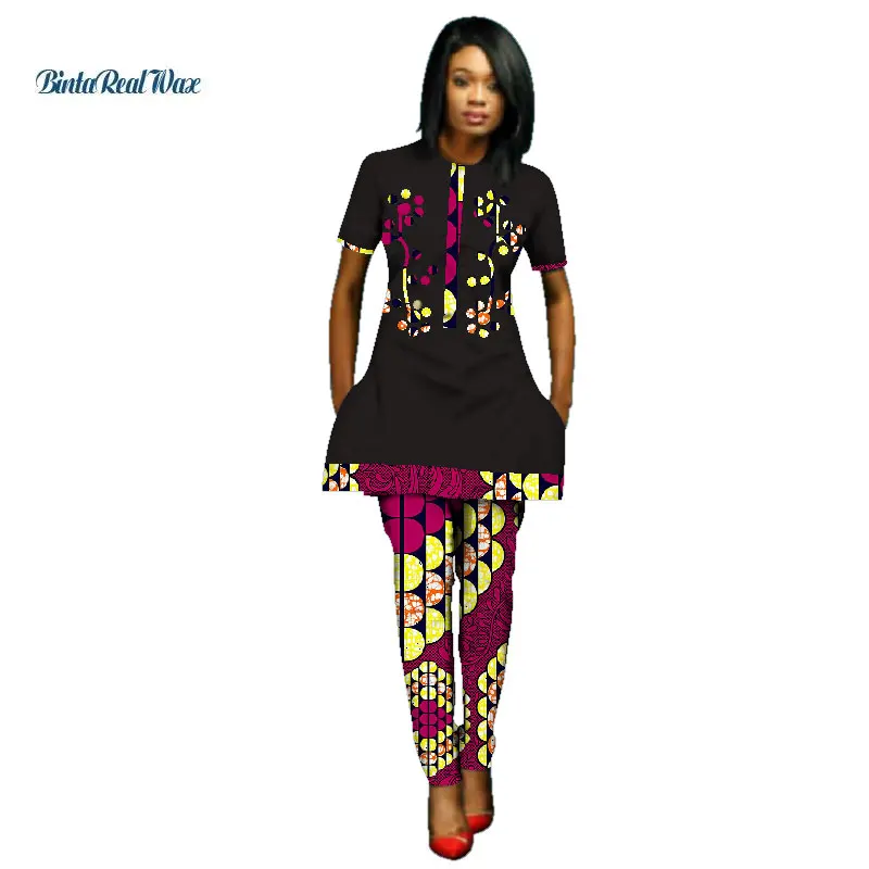 Таз Африканский принт 2 шт. брюки наборы для женщин Традиционная африканская одежда пуговицы цветочный узор топ и брюки наборы WY2768 - Цвет: 8