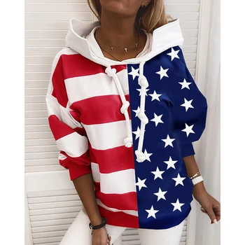 

Fashion Women Pullover Autumn Winter American Flag Print Long Sleeve Hoodies Sweatshirt Harajuku Drawstring Hooded Tops SJ6204V