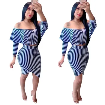 

2019 Autumn Winter Women's set Ful sleeve Ruffles Striped Print crop top bodycon short skirt suit two piece set tracksuit