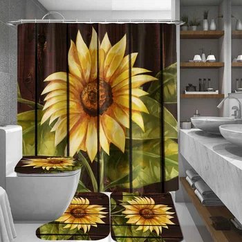 

Sunflower Shower Curtains set and Non Slip Sunflower pattern Toilet Polyester Cover Mat Set Waterproof Bathroom Shower Curtains
