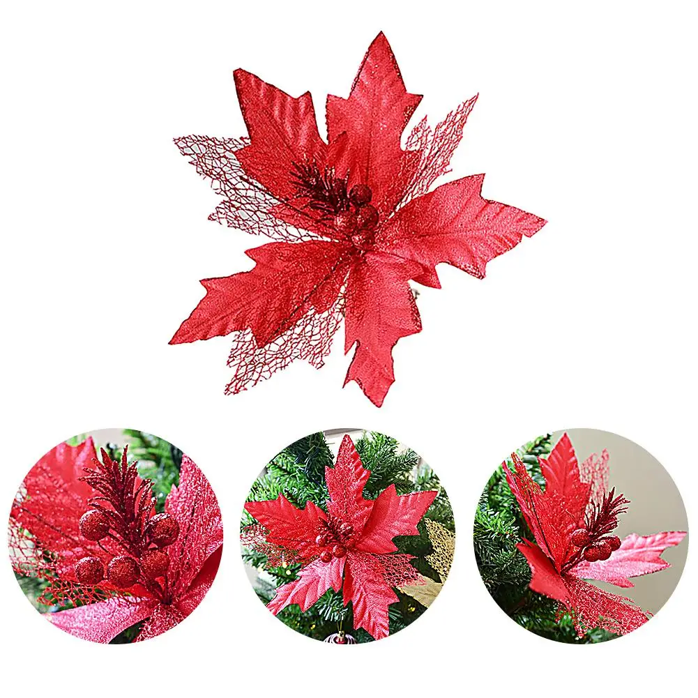 3 цвета Блестящий искусственный цветок Poinsettia DIY Рождественские елочные украшения Рождественская гирлянда Цветочные украшения 25 см